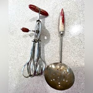 A & J vintage hand egg beater and slotted spoon/ladle